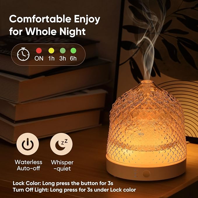 Glass Essential Oil Diffuser, 200ml Ultrasonic Aroma Diffusers with Glass Reservoir Dome & White Plastic Base Lock Color