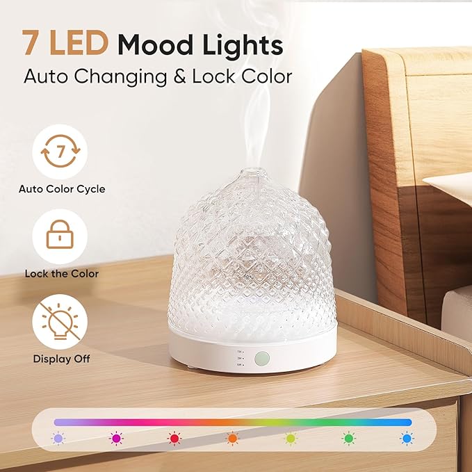 Glass Essential Oil Diffuser, 200ml Ultrasonic Aroma Diffusers with Glass Reservoir Dome & White Plastic Base Lock Color