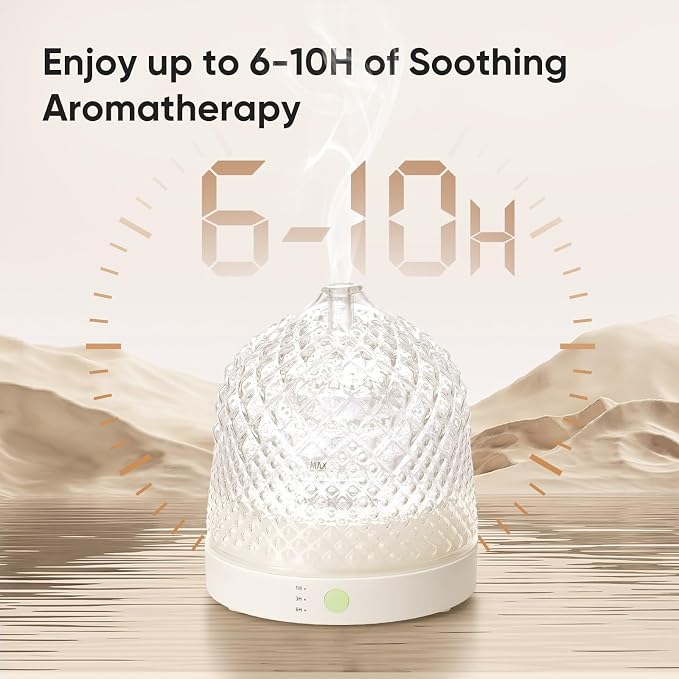 Glass Essential Oil Diffuser, 200ml Ultrasonic Aroma Diffusers with Glass Reservoir Dome & White Plastic Base Lock Color