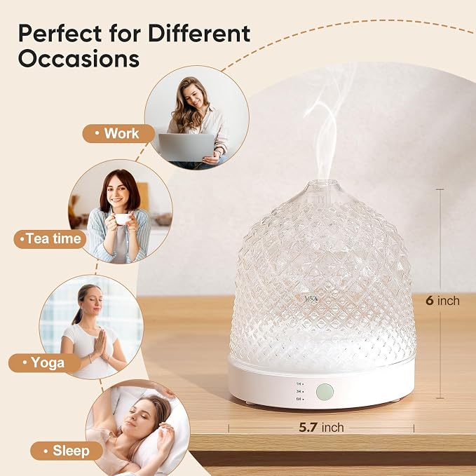 Glass Essential Oil Diffuser, 200ml Ultrasonic Aroma Diffusers with Glass Reservoir Dome & White Plastic Base Lock Color