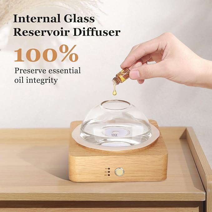 Glass Essential Oil Diffuser with Glass Reservoir & WoodBase, 200ml Ultrasonic Lock Color Timer Auto-Off 7 Color Light Aroma