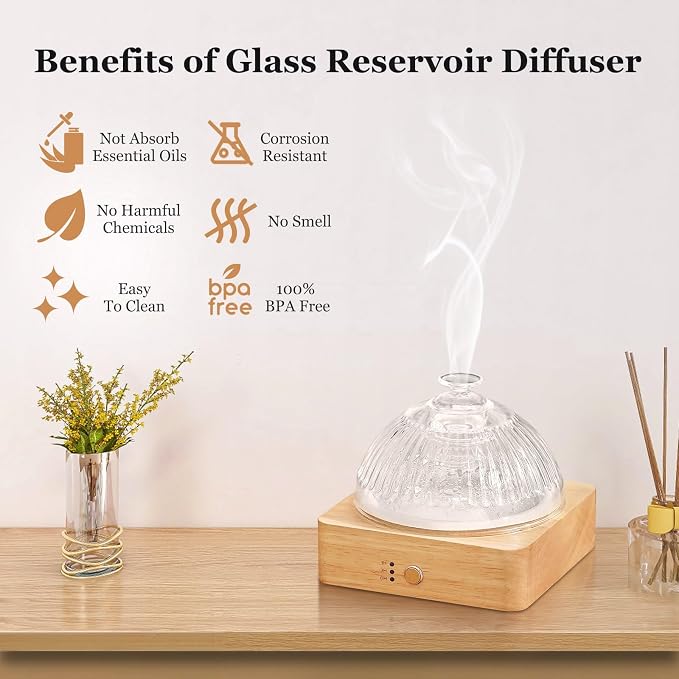 Glass Essential Oil Diffuser with Glass Reservoir & WoodBase, 200ml Ultrasonic Lock Color Timer Auto-Off 7 Color Light Aroma