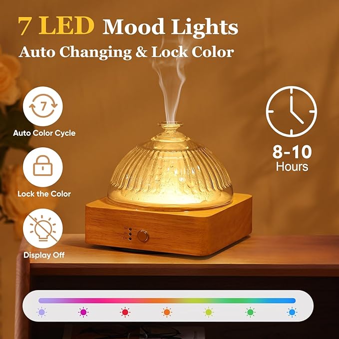 Glass Essential Oil Diffuser with Glass Reservoir & WoodBase, 200ml Ultrasonic Lock Color Timer Auto-Off 7 Color Light Aroma