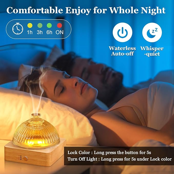 Glass Essential Oil Diffuser with Glass Reservoir & WoodBase, 200ml Ultrasonic Lock Color Timer Auto-Off 7 Color Light Aroma