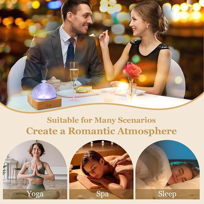 Glass Essential Oil Diffuser with Glass Reservoir & WoodBase, 200ml Ultrasonic Lock Color Timer Auto-Off 7 Color Light Aroma