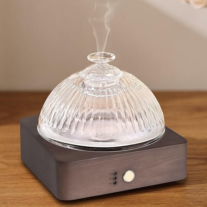 Glass Essential Oil Diffuser with Glass Reservoir & WoodBase, 200ml Ultrasonic Lock Color Timer Auto-Off 7 Color Light Aroma