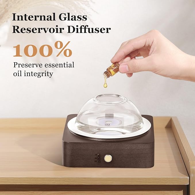 Glass Essential Oil Diffuser with Glass Reservoir & WoodBase, 200ml Ultrasonic Lock Color Timer Auto-Off 7 Color Light Aroma