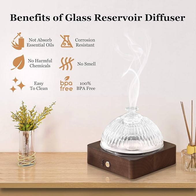 Glass Essential Oil Diffuser with Glass Reservoir & WoodBase, 200ml Ultrasonic Lock Color Timer Auto-Off 7 Color Light Aroma