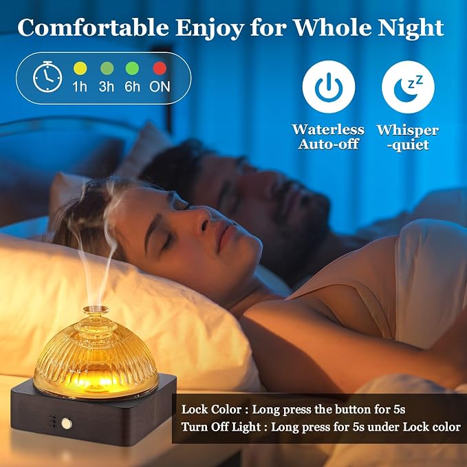 Glass Essential Oil Diffuser with Glass Reservoir & WoodBase, 200ml Ultrasonic Lock Color Timer Auto-Off 7 Color Light Aroma