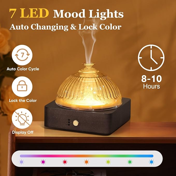Glass Essential Oil Diffuser with Glass Reservoir & WoodBase, 200ml Ultrasonic Lock Color Timer Auto-Off 7 Color Light Aroma