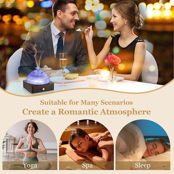 Glass Essential Oil Diffuser with Glass Reservoir & WoodBase, 200ml Ultrasonic Lock Color Timer Auto-Off 7 Color Light Aroma