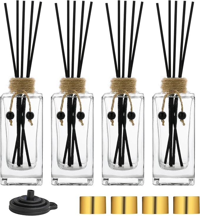 Glass Reed Diffuser Set of 4 - 5oz/155ml Clear Empty Essential Oil Diffuser Bottles with Caps and Reeds - Decorative Bottle