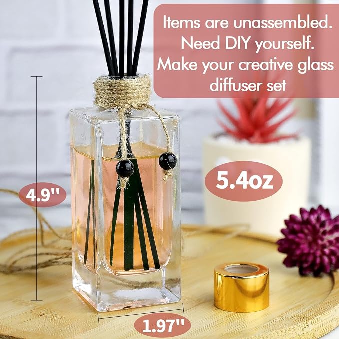 Glass Reed Diffuser Set of 4 - 5oz/155ml Clear Empty Essential Oil Diffuser Bottles with Caps and Reeds - Decorative Bottle