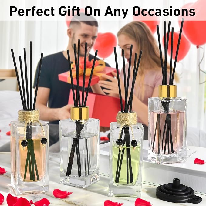 Glass Reed Diffuser Set of 4 - 5oz/155ml Clear Empty Essential Oil Diffuser Bottles with Caps and Reeds - Decorative Bottle
