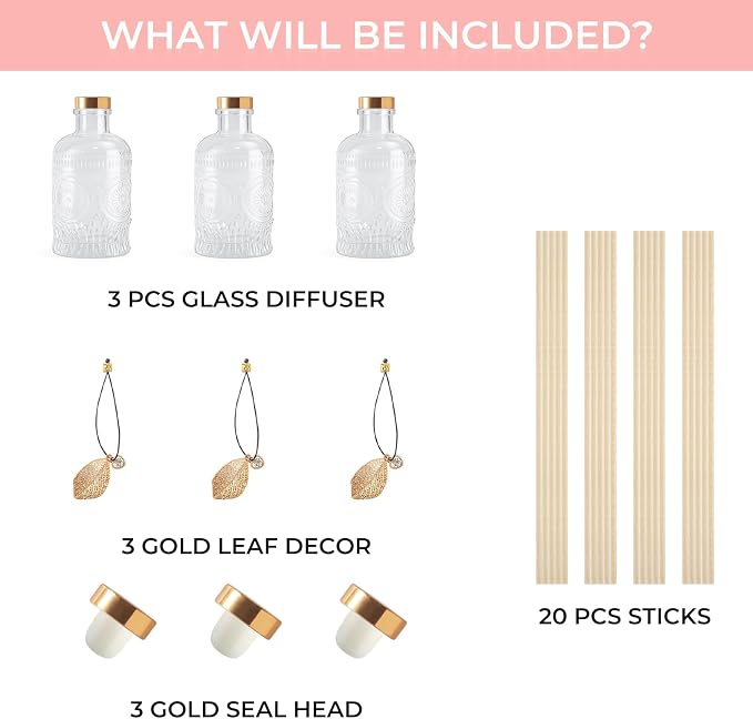 Glass Reed Diffusers Bottles for Home, Diffuser Bottles with 20PCS Reed Diffuser Sticks, alternate product view 3
