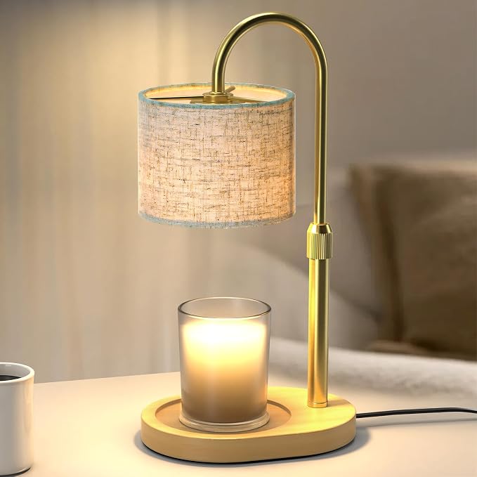 Gold Candle Warmer Lamp with Timer Dimmer, Height Adjustable Electric Candle Warmer Wax Heater with Wooden Base 2 Bulbs