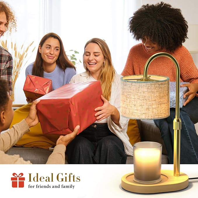 Gold Candle Warmer Lamp with Timer Dimmer, Height Adjustable Electric Candle Warmer Wax Heater with Wooden Base 2 Bulbs