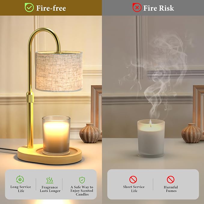 Gold Candle Warmer Lamp with Timer Dimmer, Height Adjustable Electric Candle Warmer Wax Heater with Wooden Base 2 Bulbs