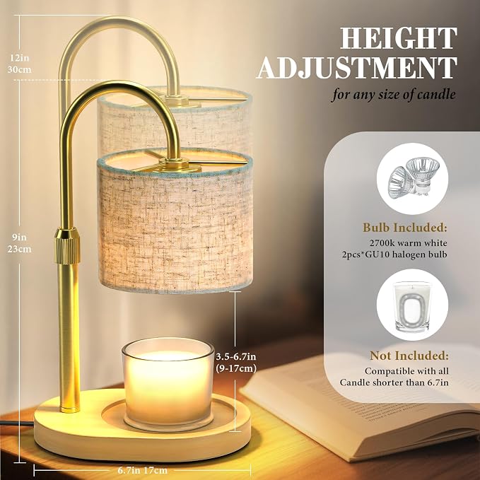 Gold Candle Warmer Lamp with Timer Dimmer, Height Adjustable Electric Candle Warmer Wax Heater with Wooden Base 2 Bulbs