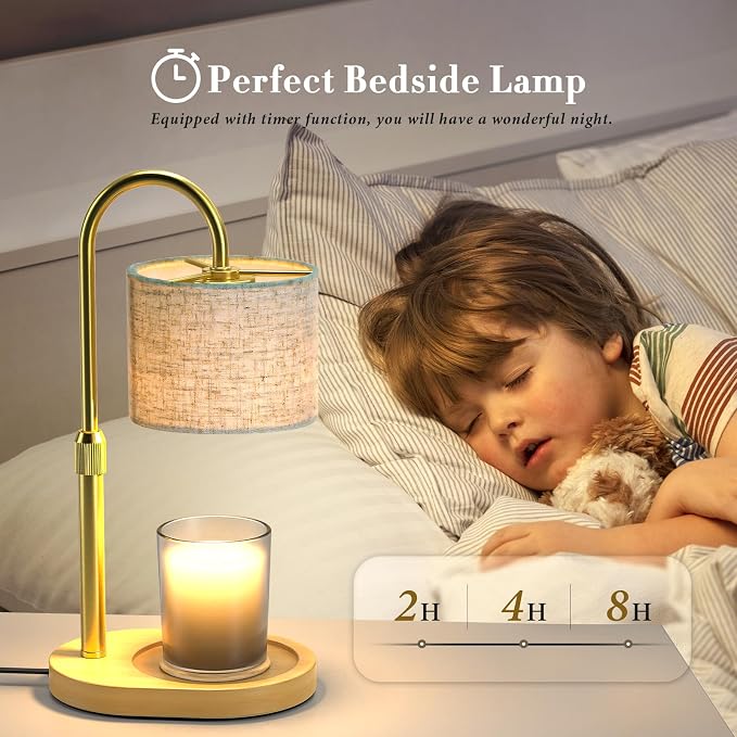 Gold Candle Warmer Lamp with Timer Dimmer, Height Adjustable Electric Candle Warmer Wax Heater with Wooden Base 2 Bulbs
