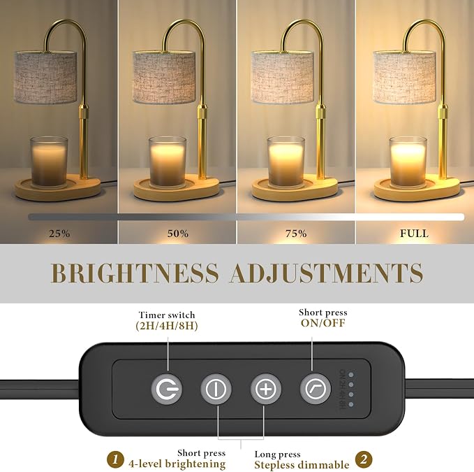 Gold Candle Warmer Lamp with Timer Dimmer, Height Adjustable Electric Candle Warmer Wax Heater with Wooden Base 2 Bulbs