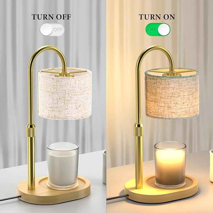 Gold Candle Warmer Lamp with Timer Dimmer, Height Adjustable Electric Candle Warmer Wax Heater with Wooden Base 2 Bulbs