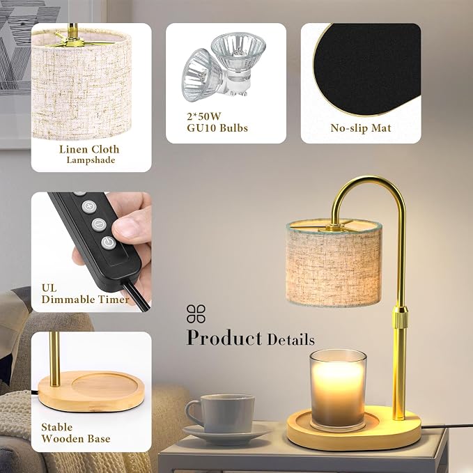 Gold Candle Warmer Lamp with Timer Dimmer, Height Adjustable Electric Candle Warmer Wax Heater with Wooden Base 2 Bulbs