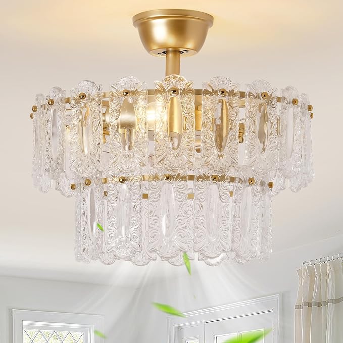Gold Crystal Fandelier Ceiling Fan with Light, 20" Caged Chandelier Ceiling Fan with Light Remote Control, Mid-Century