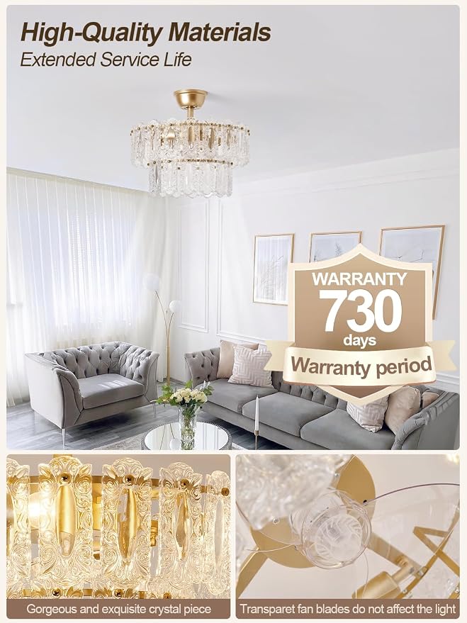 Gold Crystal Fandelier Ceiling Fan with Light, 20" Caged Chandelier Ceiling Fan with Light Remote Control, Mid-Century