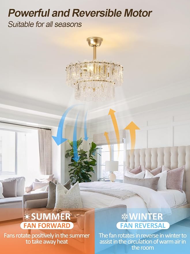Gold Crystal Fandelier Ceiling Fan with Light, 20" Caged Chandelier Ceiling Fan with Light Remote Control, Mid-Century