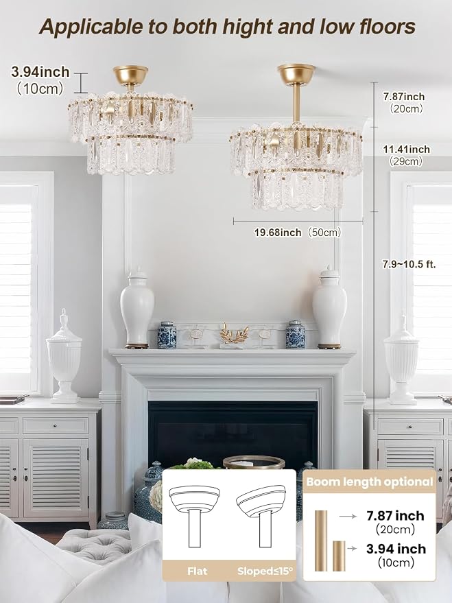 Gold Crystal Fandelier Ceiling Fan with Light, 20" Caged Chandelier Ceiling Fan with Light Remote Control, Mid-Century