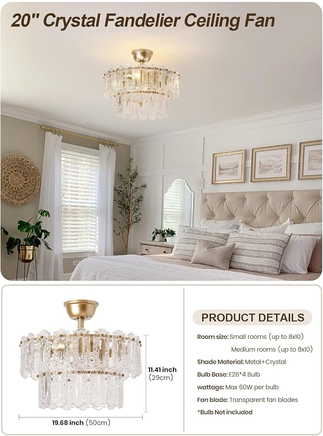 Gold Crystal Fandelier Ceiling Fan with Light, 20" Caged Chandelier Ceiling Fan with Light Remote Control, Mid-Century