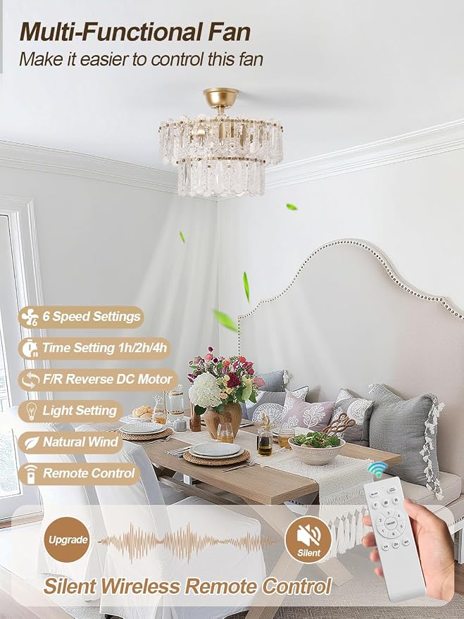 Gold Crystal Fandelier Ceiling Fan with Light, 20" Caged Chandelier Ceiling Fan with Light Remote Control, Mid-Century