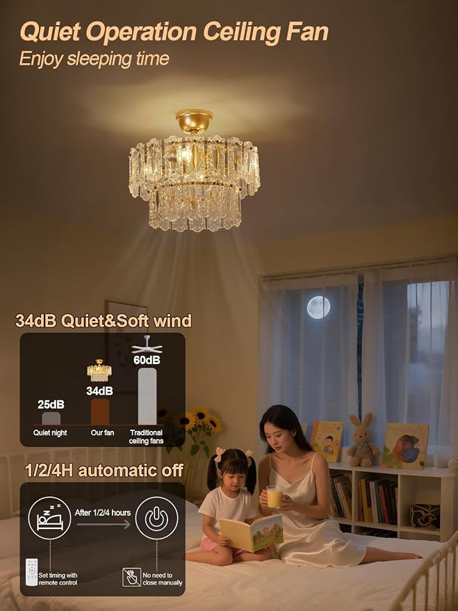 Gold Crystal Fandelier Ceiling Fan with Light, 20" Caged Chandelier Ceiling Fan with Light Remote Control, Mid-Century