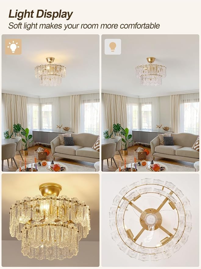 Gold Crystal Fandelier Ceiling Fan with Light, 20" Caged Chandelier Ceiling Fan with Light Remote Control, Mid-Century