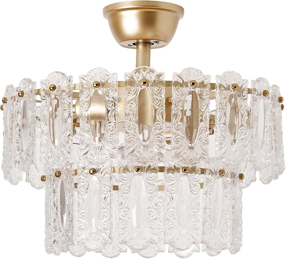 Gold Crystal Fandelier Ceiling Fan with Light, 20" Caged Chandelier Ceiling Fan with Light Remote Control, Mid-Century