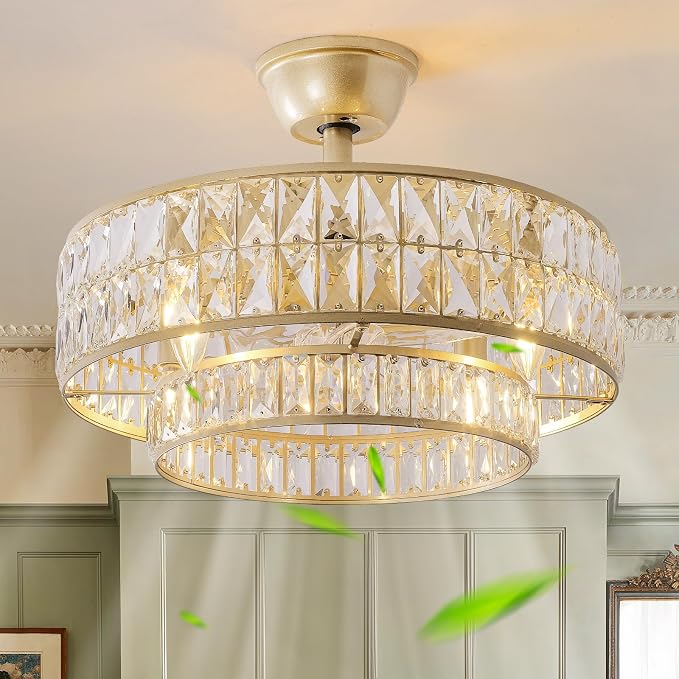Gold Fandelier Ceiling Fan with Light,20" Crystal Chandelier Ceiling Fans with Lights and Remote Control,Modern Caged Flush