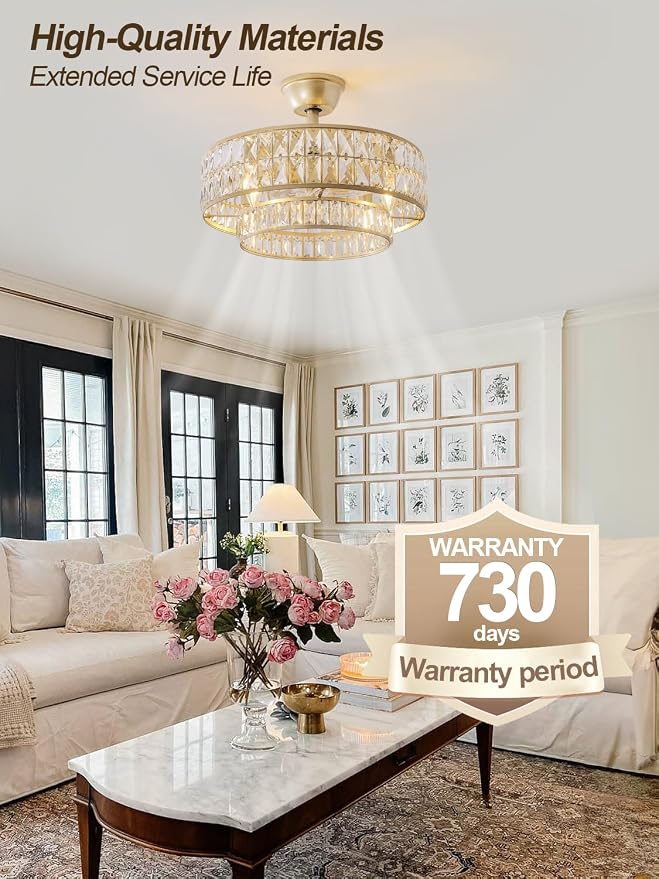 Gold Fandelier Ceiling Fan with Light,20" Crystal Chandelier Ceiling Fans with Lights and Remote Control,Modern Caged Flush