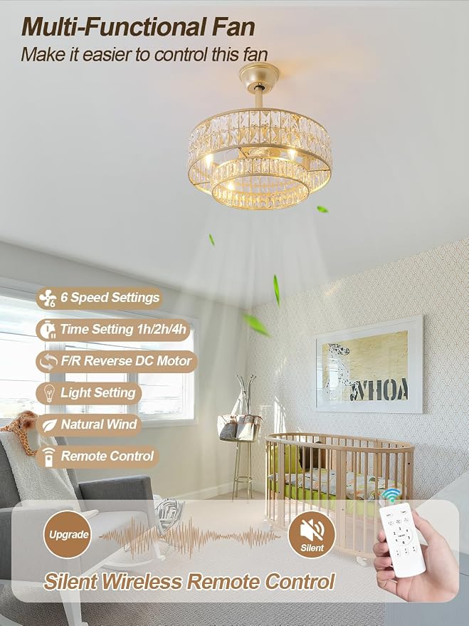 Gold Fandelier Ceiling Fan with Light,20" Crystal Chandelier Ceiling Fans with Lights and Remote Control,Modern Caged Flush