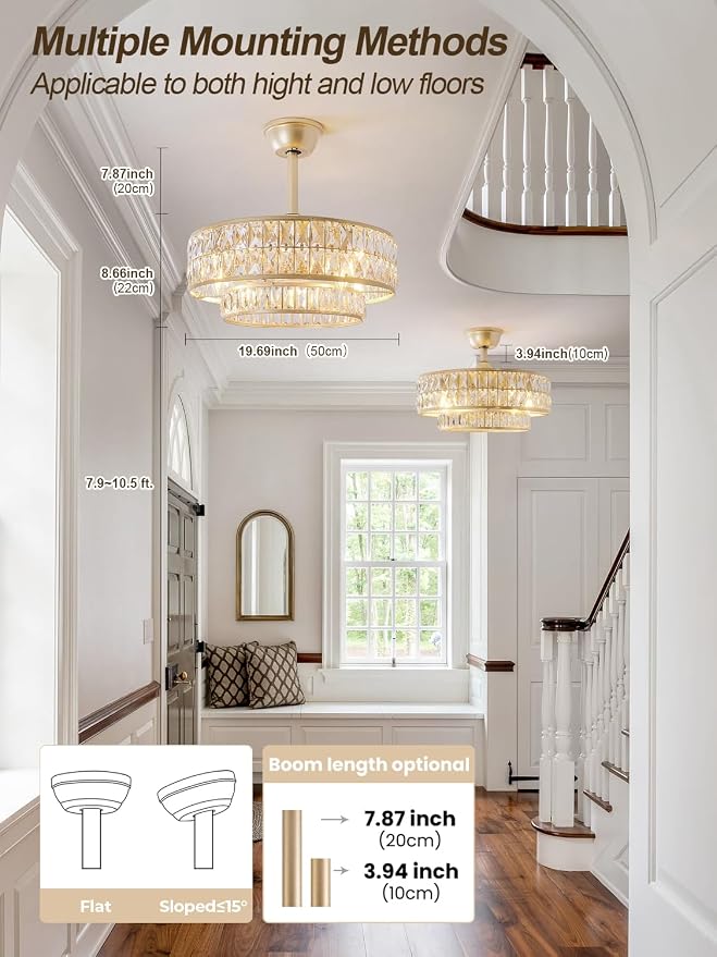 Gold Fandelier Ceiling Fan with Light,20" Crystal Chandelier Ceiling Fans with Lights and Remote Control,Modern Caged Flush