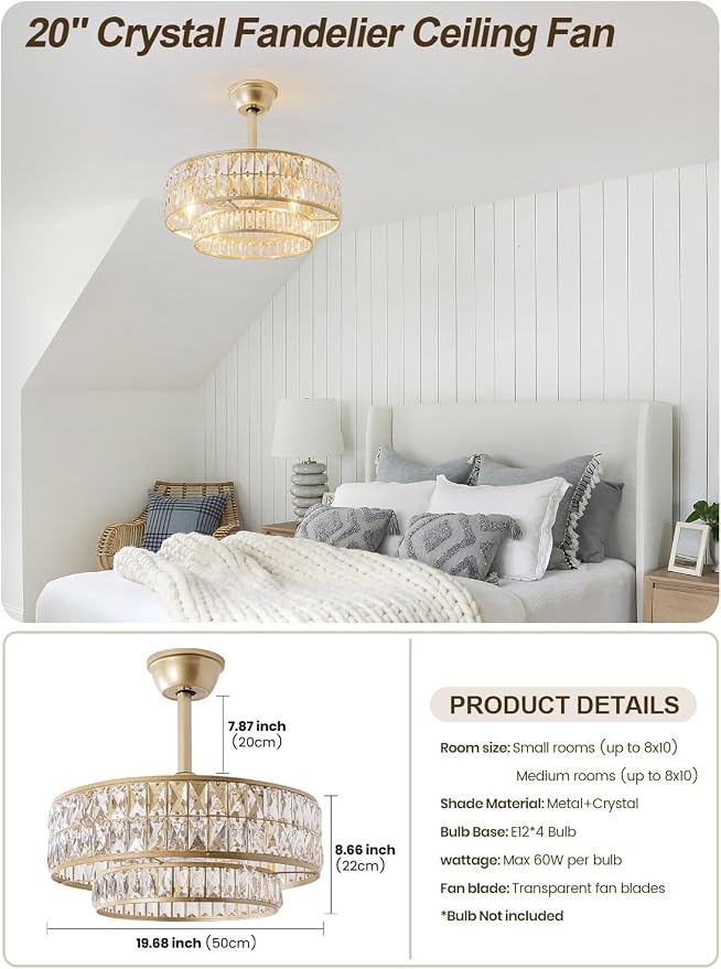 Gold Fandelier Ceiling Fan with Light,20" Crystal Chandelier Ceiling Fans with Lights and Remote Control,Modern Caged Flush