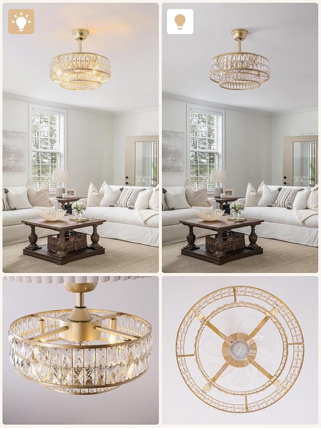 Gold Fandelier Ceiling Fan with Light,20" Crystal Chandelier Ceiling Fans with Lights and Remote Control,Modern Caged Flush
