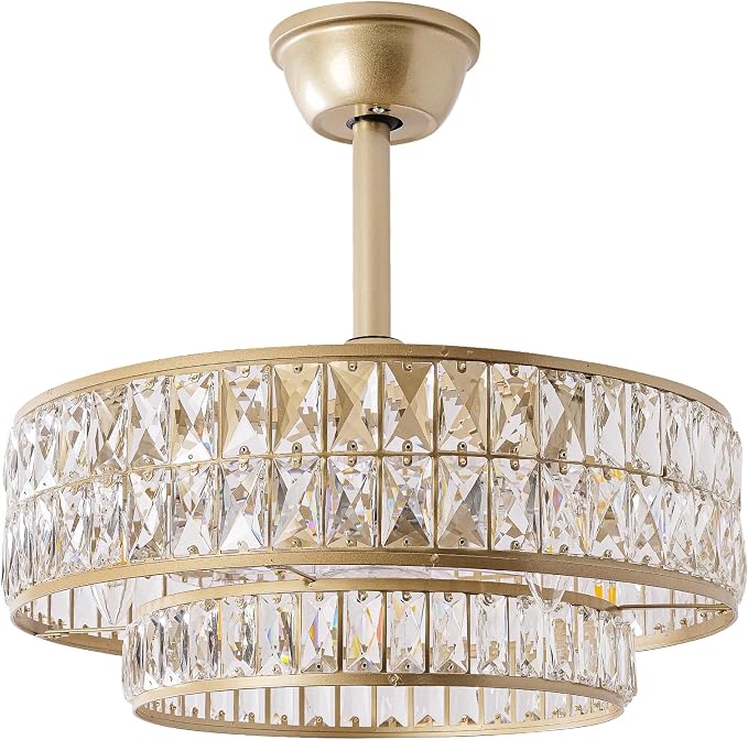 Gold Fandelier Ceiling Fan with Light,20" Crystal Chandelier Ceiling Fans with Lights and Remote Control,Modern Caged Flush
