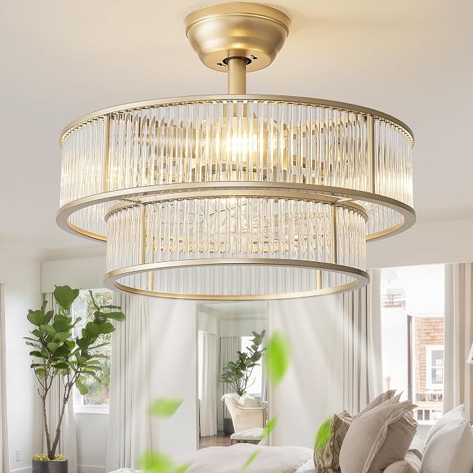 Gold Fandelier Ceiling Fans with Lights, 20" Gold Crystal Chandelier Ceiling Fan with Light Remote Control, Caged Mid Century