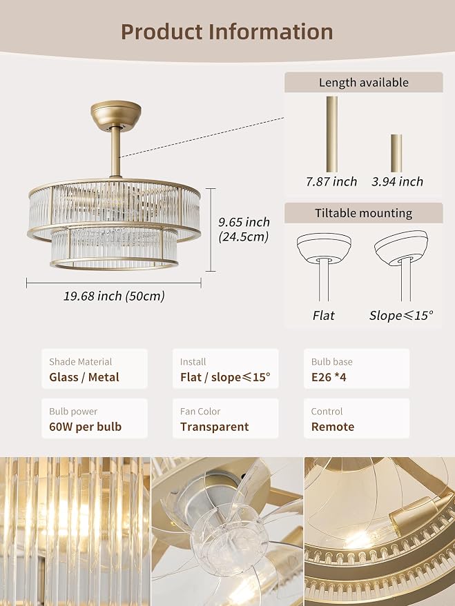Gold Fandelier Ceiling Fans with Lights, 20" Gold Crystal Chandelier Ceiling Fan with Light Remote Control, Caged Mid Century