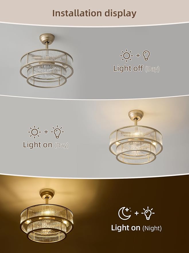 Gold Fandelier Ceiling Fans with Lights, 20" Gold Crystal Chandelier Ceiling Fan with Light Remote Control, Caged Mid Century