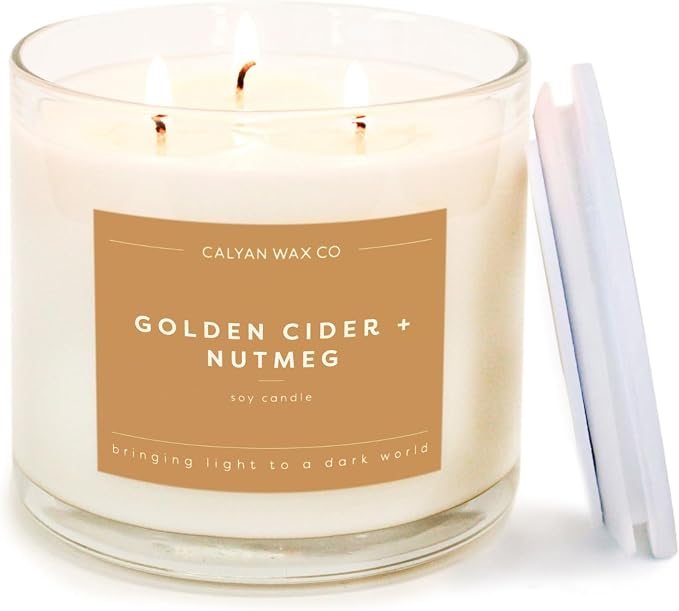. Golden Cider & Nutmeg 3 Wick Scented Candle - 43 Hour Burn - Luxury 3 Wick Soy Candles, product image