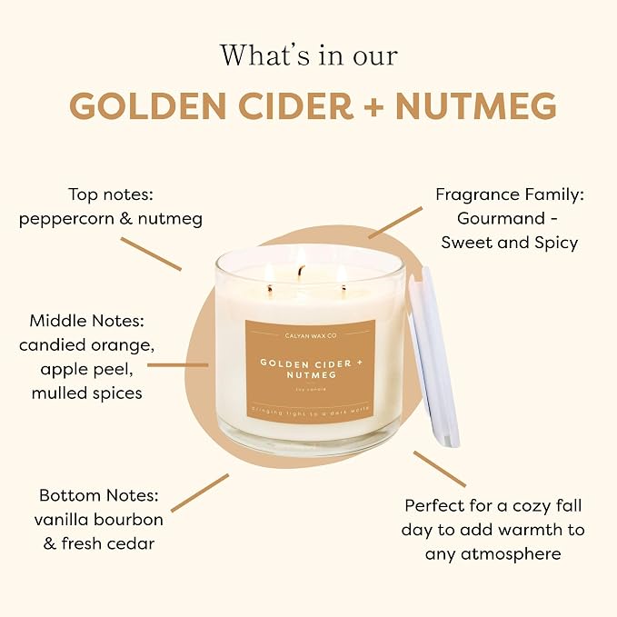 . Golden Cider & Nutmeg 3 Wick Scented Candle - 43 Hour Burn - Luxury 3 Wick Soy Candles, alternate product view 3