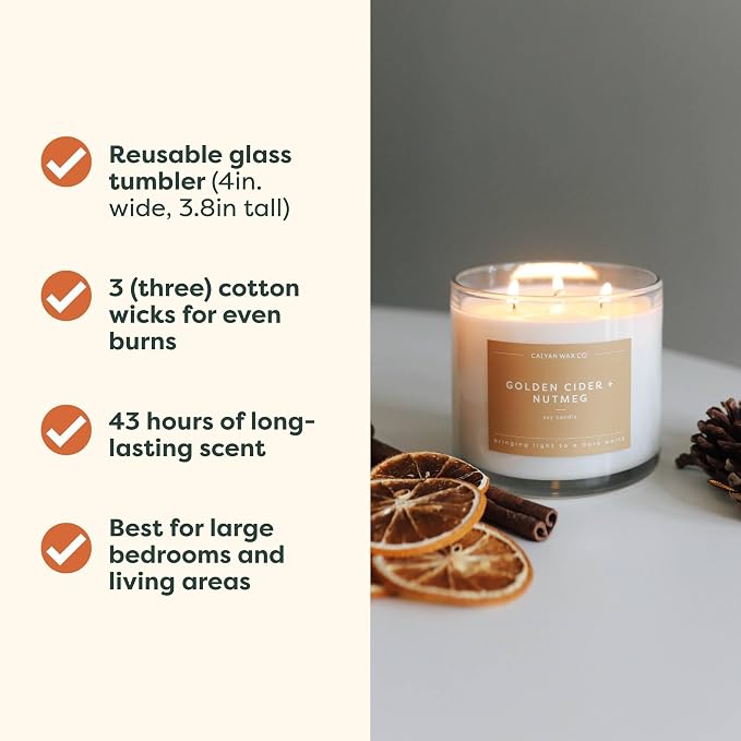. Golden Cider & Nutmeg 3 Wick Scented Candle - 43 Hour Burn - Luxury 3 Wick Soy Candles, alternate product view 5