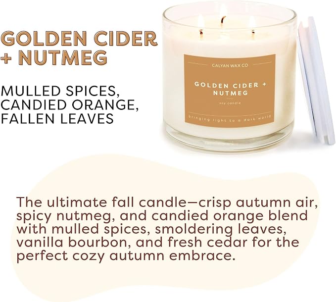 . Golden Cider & Nutmeg 3 Wick Scented Candle - 43 Hour Burn - Luxury 3 Wick Soy Candles, alternate product view 6